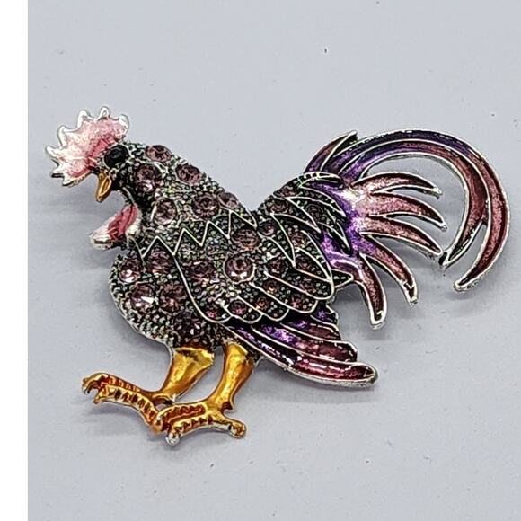 Rooster Brooch Rhinestone & Faux Jewel Pinks and Purples Silver Plated - Picture 4 of 5